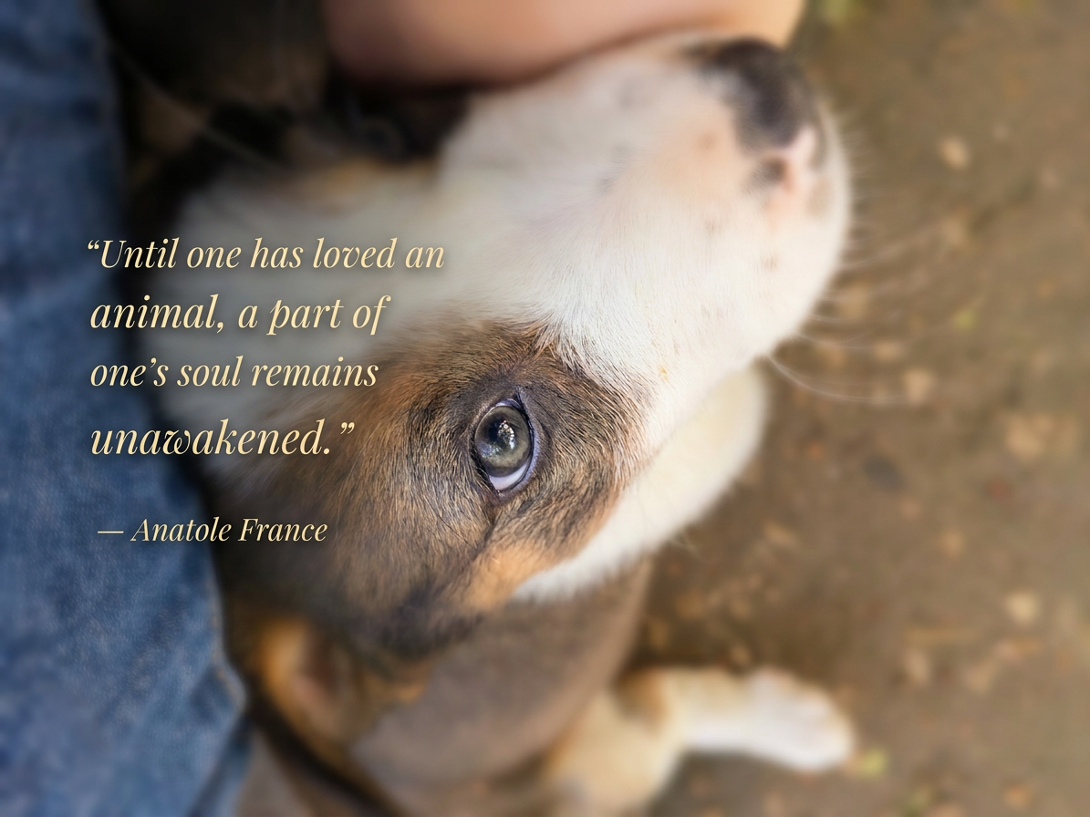 Puppy looking up with quote 'Until one has loved an animal, a part of one's soul remains unawakened. — Anatole France'